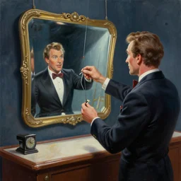 a photorealistic highly detailed painting of a vintage 1 9 5 0's game show host fishing for mirrors by johfra bosschart, lisa frank, kinkade, visionary art, dark fantasy art, high detail, trending on artstation