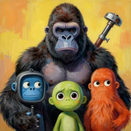 a portrait of the gorillaz, stuart pot, russel hobbs, murdoc niccals, noodle, painted by zdzislaw beksinski