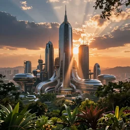 amazing landscape photo of a futuristic city surrounded by trees and plants in sunset by marc adamus, beautiful dramatic lighting, god rays, futuristic
