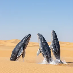 whales jumping in sand dunes, photography