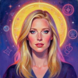 portrait of gwyneth paltrow by mandy jurgens, cartoon, oil painting, visionary art, magic symbols, holy halo, neon ambient lighting, high detail, vibrant colors,