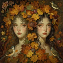 breathtaking detailed concept art painting blend of two goddess of autumn leaves by hsiao - ron cheng with anxious piercing eyes, vintage illustration pattern with bizarre compositions blend of flowers and fruits and birds by beto val and john james audubon, exquisite detail, extremely moody lighting, 8 k