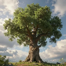 a gigantic oak reaching the sky, detailed clouds, sunbeams, heavenly color scheme, unreal engine