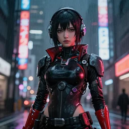 An epic comic hyperrealistic portrait anime cg of a cyber warrrior girl wearing futuristic wardrobe, black and reddis, ultradetailed face expression trending on artstation and artbreeder, cyberpunk 2077 color, heavy rainning at tokyo street night, neon ligh, DAZ, 8k, unreal 5 engine render, cosplay, RPG portrait, final fantasy Vll world concept, dramatic lighting, rim lights, PS5 render quality