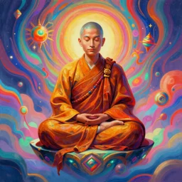 a floating monk, meditating, wearing netrunner clothing, vaporwave aesthetic, colorful, psychedelic, digital painting, artstation, concept art, smooth, sharp focus, illustration, art by artgerm and greg rutkowski and alphonse mucha