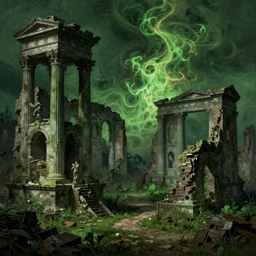 Dark and green Ancient neoclassical city ruins. By (Rembrandt painting(100)(fractal flame)), highly detailded