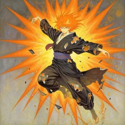 mulan, orange spike aura in motion, damaged japanese clothes, floating pieces, painted by art by tsuyoshi nagano, greg rutkowski, artgerm, alphonse mucha, spike painting