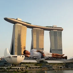 a giant guy sleeping on top of marina bay sands, golden hour, high quality photohraphy