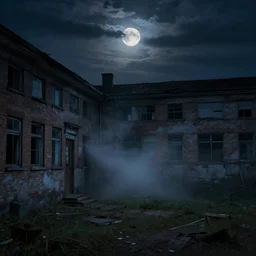 midnight, the moon obscured by clouds, in a dilapidated school, the dark unknown huddled in the corner gradually pouring out, mist, by edvard munch