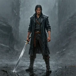a man with a sword standing in the rain, concept art by james paick, cgsociety, antipodeans, reimagined by industrial light and magic, concept art, artstation hd