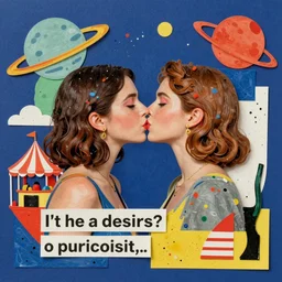 two women kissing at a carnival on an alien planet, mixed media collage, retro, paper collage, magazine collage, acrylic paint splatters, bauhaus, abstract claymation, layered paper art, sapphic visual poetry expressing the utmost of desires by jackson pollock