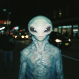 analog medium format film blurry street night flash photography close up stranger extraterrestrial monster portrait in new york, 1 9 6 0 s hasselblad film street photography, featured on unsplash, vintage expired colour film photograph