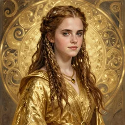 sioux emma watson as celtic druidess, long dreadlocks, gold cloth, shiny background, intricate, elegant, highly detailed, digital painting, artstation, concept art, smooth, sharp focus, illustration, artgerm, mucha, bouguereau