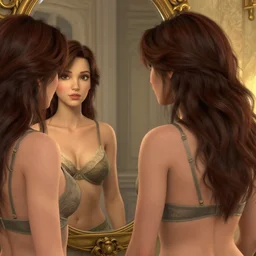 cassandra cain wearing a bralette!!!, looking at herself in a mirror!!, cg art, realistic, character select portrait, by artgerm, greg rutkowski, alphonse mucha, 3 d