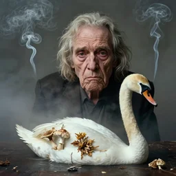 photographic portrait of wrinkly sad max ernst nastassja kinski paris texas swan dried melting floral fungus with spiraling cigarette smoke, in fog