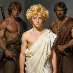 cute young lucifer tomboy androgynous in a toga with golden blonde curly hair by luis royo and boris vallejo and wayne barlowe and frank frazetta