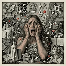 the emanation of fear and sorrow, fragments, fututre, past, inspired by lise deharme, peter mohrbache, albrecht durer, abstract, a level art, intricate, pop surrealism, digital poster, ornately detailed, photorealism, trending in artstation