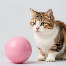 A giant bobtail cat with a calico cat's skin looking at us next to a pink puffball with pink hands and red shoes or feet.