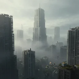 A foggy dystopian high-rise landscape by zdzisław beksiński, rendered by Beeple, Makoto Shinkai, syd meade, simon stålenhag, environment concept, digital art, unreal engine, WLOP, trending on artstation, 4K UHD image, octane render,