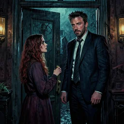 cinematic colorful horror artwork by artgerm, beksinski, mark brooks, stephen king ; real life full portrait of ben affleck opening front entrance door looking at wife dove cameron ; night rainfall outside ; haunting ominous scary, 8 k hdr, creepy intricate ; volumetric dramatic lighting, insanely detailed, haunting