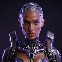 portrait of cybernetic warrior, intricate, ultra violet highlights, neon, brown skin, sharp focus, octane render, detailed, beautiful, unreal engine, symmetrical!!, loreal, maybelline, sephora, loreal, artstation, art by karol bak, art by artgerm, rossdraws, cinematic, concept art, filmic, vsco