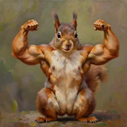 oil painting of a muscular squirrel with bulging biceps, 8 k, high quality