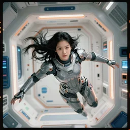 a korean woman with long black hair and grey futuristic metallic clothing floating in zero - gravity in a spaceship with a white and blue futuristic interior. orange lighting, kodak film grain, expired film