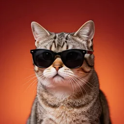 Cat wearing sunglasses, studio lighting, red orange gradient background