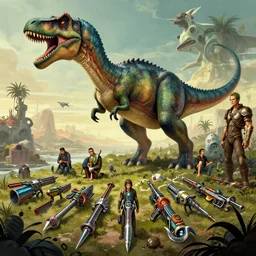 cadillacs and dinosaurs, game, weapons, dystopian, made by stanley artgerm lau, wlop, rossdraws, james jean, andrei riabovitchev, marc simonetti, yoshitaka amano, beksinski artstation, cgsociety