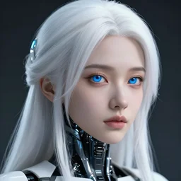 detailed portrait of perfect white haired girl, cyborg, beautiful, pretty face, blue eyes, innocent, scifi, 4 k, sun yunjoo, ultra realistic, highlights, cinematic lighting, highly detailed, sharp focus, artstation, masterpiece, art by hyungjin yang and akihiko yoshida and ruan jia