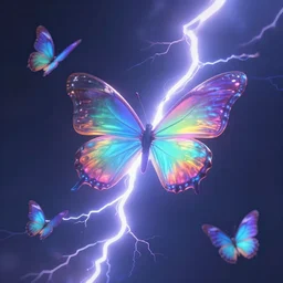 Serpentine Lightning made if neon rainbow lights, Butterfly fluttering around, atmospheric, octane render, 8k, cinematic, hyperrealism, artstation, HDR, cgisociety, smooth, volumetric lighting