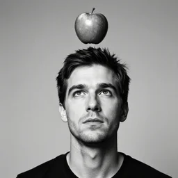 monochrome tommy ingberg face portrait with an apple hovering above him high definition