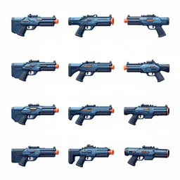 Sci-fi laser gun icons arranged in a grid, trending on artstation, unity asset store