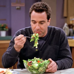 a tv - show still of kramer eating a big salad in seinfeld