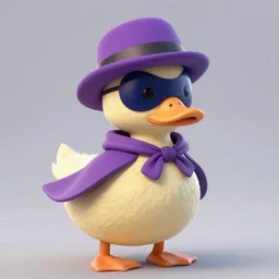 duck wearing purple hat and cape and zoro mask by Roger Deakins
