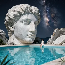 Chiho Aoshima, minimalistic, hyperrealistic surrealism, award winning masterpiece with incredible details, epic stunning, infinity pool, a surreal vaporwave liminal space, highly detailed, trending on ArtStation, artgerm and greg rutkowski and alphonse mucha, daily deviation, IAMAG, broken giant marble head statue ruins, nightscape, milkyway