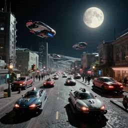 tens of plasma hovercraft vehicles on the street in a Russian cyberpunk slum city called Neo Norilsk on the Moon, at night, diverse, lively, black sky full of stars, blinding sun, sci-fi, lots of flying cars, levitation, cyberpunk outfits, photorealistic, grainy, 35mm, intricate, very very beautiful, elegant, smooth, cinematic, Unreal Engine 5, trending on Artstation HD