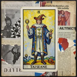 detailed analogue mixed media collage with canvas texture in style of contemporary art, the magician tarot card, masterpiece, perfect composition, spectacular quality, intricate oil details, torn paper, magazine pages