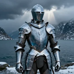 suit of armor made of liquid, water armor, norway fjord, medium close up portrait, hudson river school, max rive, water armor, studio lighting, stormy seas, beautiful, bokeh, snowy, storm clouds, god rays, d & d, fantasy, elegant, low key color palette, concept art, roger deakins and greg rutkowski and alphonse mucha