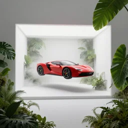 a photo of a white closed room and a futuristic flying red car with no wheels floating inside by stuzor and and ferrari surrounded by huge lush green philodendron xanadu vegetation and fog, inside a closed white room with white walls and no windows, by jungyeonmin and james jean jhonseru jsezz artstation and greg rutkowski, masterpiece