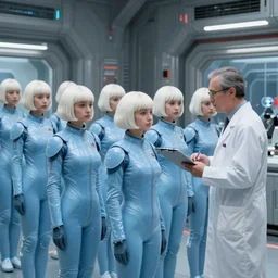 troop of very short cloned women with white bob hairdos, tight light blue space trooper suits, standing next to tall scientist looking at a clipboard, futuristic cloning facility, sci - fi, highly detailed, cinematic