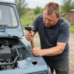 russian gopnik using hammer and nails to fix his lada niva, realistic, hdr, clear image, 8 k,