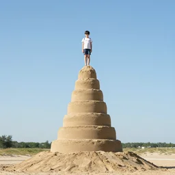 kid standing on top of a 1 0 meter high sand tower