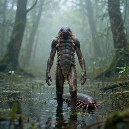 humanoid isopod, in a swamp, Foggy, forest, by Jason Shawn Alexander