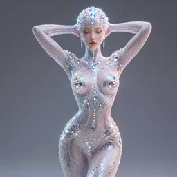 full body detailed, ethereal, futuristic, covered in sparkling gems glowing, highly detailed 4 k face, elegant seducing pose, intricate, extremy detailed, beeple, cgsociety, 3 d unreal engine octane render. cinematic lighting, highly detailed 4 k art