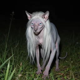 nighttime photo of a pale long limed hairless creature lurking