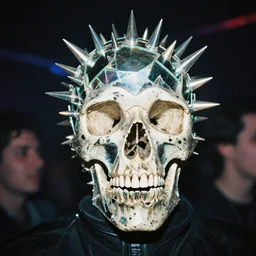a spiky skull encrusted with shattered mirrors, reflecting light in a nightclub, grainy film still