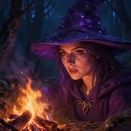 female wizard 2 ith detailed closeup hyper realistic face in a starry conical hat casting a soothing purple spell near a crackling campfire at night in the woods, dramatic light, digital painting, artstation style, boris vallejo, beautiful detailed background, haunting athnosphere, danger