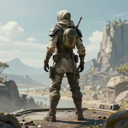 concept art of a post apocalyptic explorer nomad standing on a platform, back view, hyperrealistic, photorealistic, style by wlop, anime style, hyper detailed, 8 k