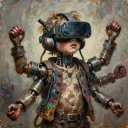 junky kid with six arms, cybertronic gadgets and vr helmet, durty colours, close - up, rotten textures, rusty shapes, biotechnology, bao pnan, tim hildebrandt, wayne barlow, bruce pennington, donato giancola, larry elmore, oil on canvas, masterpiece, trending on artstation, featured on pixiv, cinematic composition, hyper - detailed, hd, hdr, 4 k, 8 k